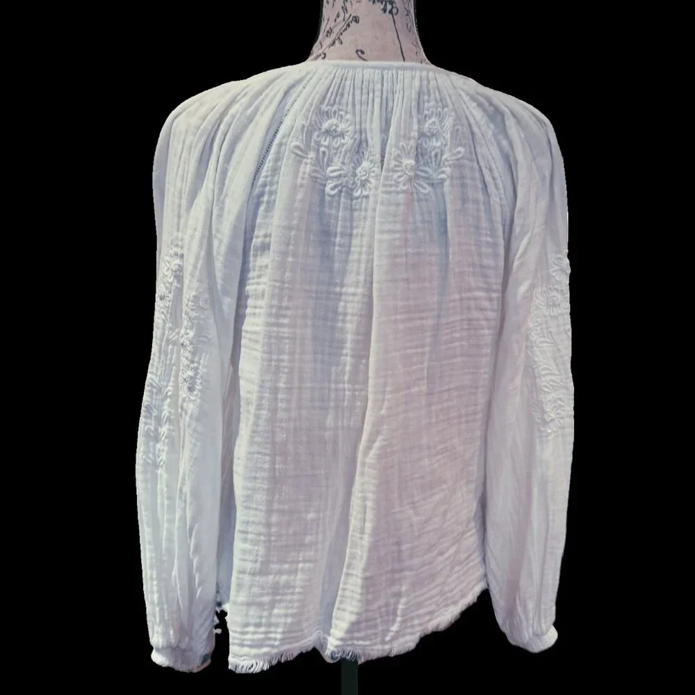 FAHERTY Cotton Gauze Blossom Embroidered Tassels 3/4 Sleeves Peasant Top - Picture 3 of 5